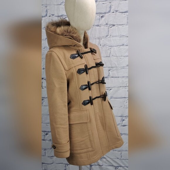 Burberry Womens Duffle Toggle Fur Hood Jacket Winter Camel Wool Nova Check 12 US - Picture 2 of 16